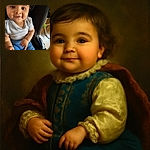 A close-up photo of an adorable baby with big eyes and a gentle smile, wearing a white textured shirt and blue pants, sitting comfortably in a car seat with a black background and some wooden floor visible on the side.