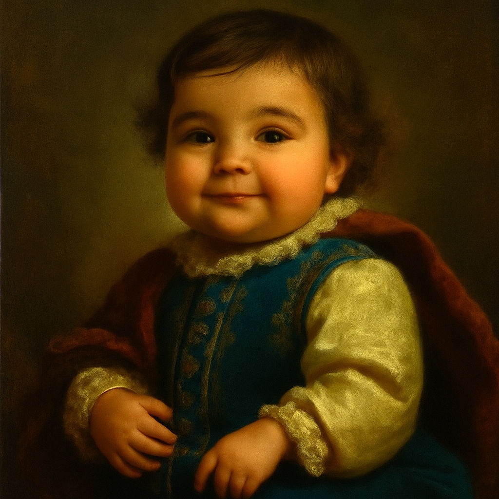 A close-up photo of an adorable baby with big eyes and a gentle smile, wearing a white textured shirt and blue pants, sitting comfortably in a car seat with a black background and some wooden floor visible on the side.