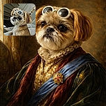 A fluffy dog wearing oversized white sunglasses sits on a cozy bed, looking slightly to the side with a cool and relaxed vibe. The background shows a dresser and a slightly blurred room interior, adding a casual home atmosphere.