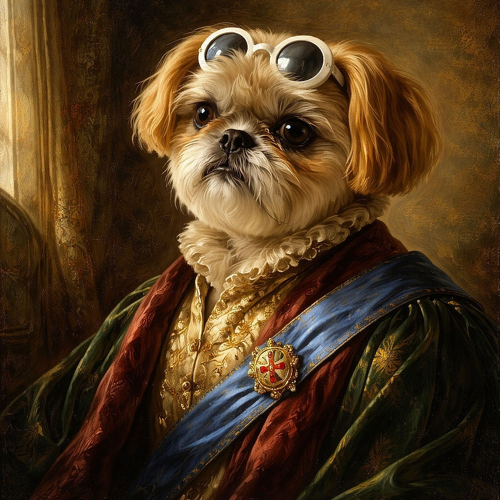 A fluffy dog wearing oversized white sunglasses sits on a cozy bed, looking slightly to the side with a cool and relaxed vibe. The background shows a dresser and a slightly blurred room interior, adding a casual home atmosphere.