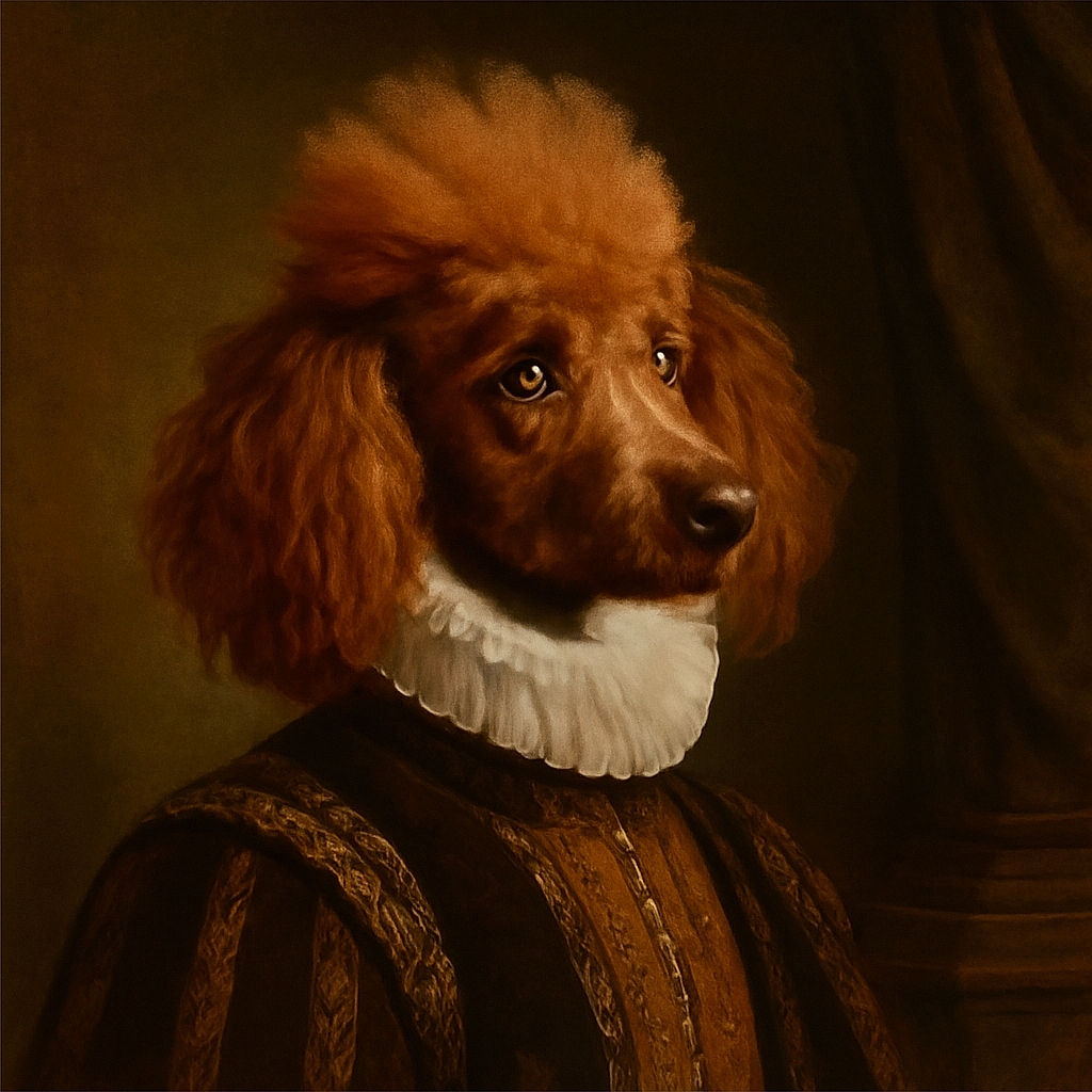 A close-up shot of a curly-haired dog with wide, expressive eyes looking back over its shoulder, set against a rustic wooden floor background. The dog's fluffy fur takes center stage in this candid and charming moment.