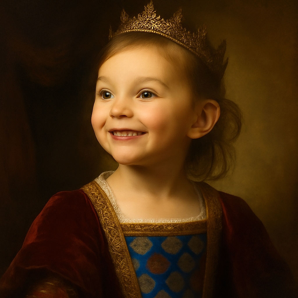 A joyful toddler smiles brightly under a colorful umbrella with a backdrop of suburban houses and a clear sky, radiating pure happiness and innocence.