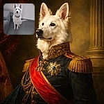 A regal white dog sits like it owns the living room, ears perked and eyes locked on the camera — muddy paws and a black collar add character while a grey couch and tiled floor provide a minimalist throne room for this fluffy monarch.