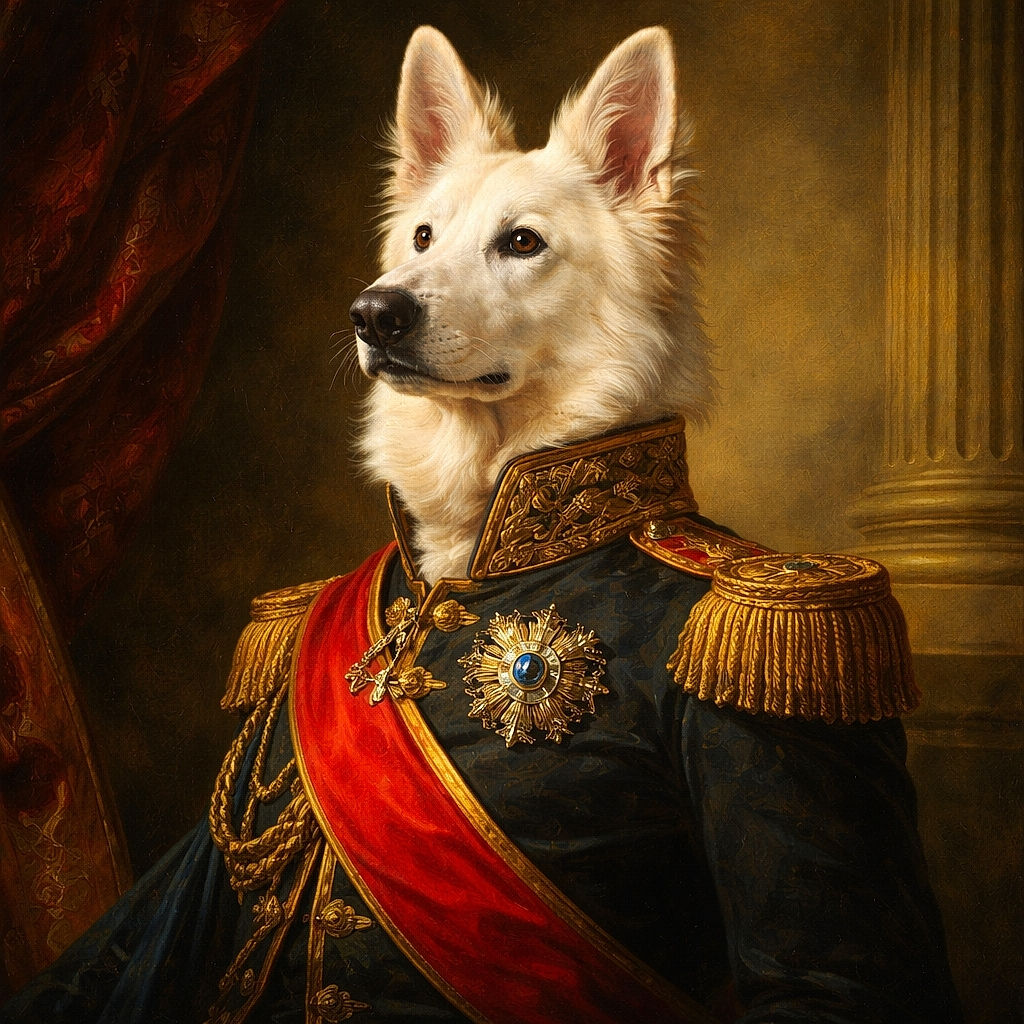 A regal white dog sits like it owns the living room, ears perked and eyes locked on the camera — muddy paws and a black collar add character while a grey couch and tiled floor provide a minimalist throne room for this fluffy monarch.