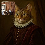 A curious tabby cat is perched among blue and white ceramic vases and figurines on a wooden shelf, with a framed picture of a robed figure in the background. The cat looks alert and slightly blurry as if caught mid-movement, adding a lively touch to the cozy, rustic setting.