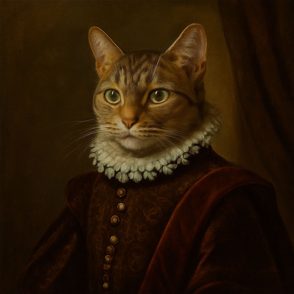 A curious tabby cat is perched among blue and white ceramic vases and figurines on a wooden shelf, with a framed picture of a robed figure in the background. The cat looks alert and slightly blurry as if caught mid-movement, adding a lively touch to the cozy, rustic setting.