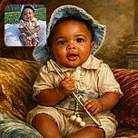 A cute baby wearing a blue sunhat and beige outfit sits on a white blanket outdoors, clutching a wooden toy, with a wooden fence and green grass in the background. The baby looks curious and happy, basking in gentle sunlight.