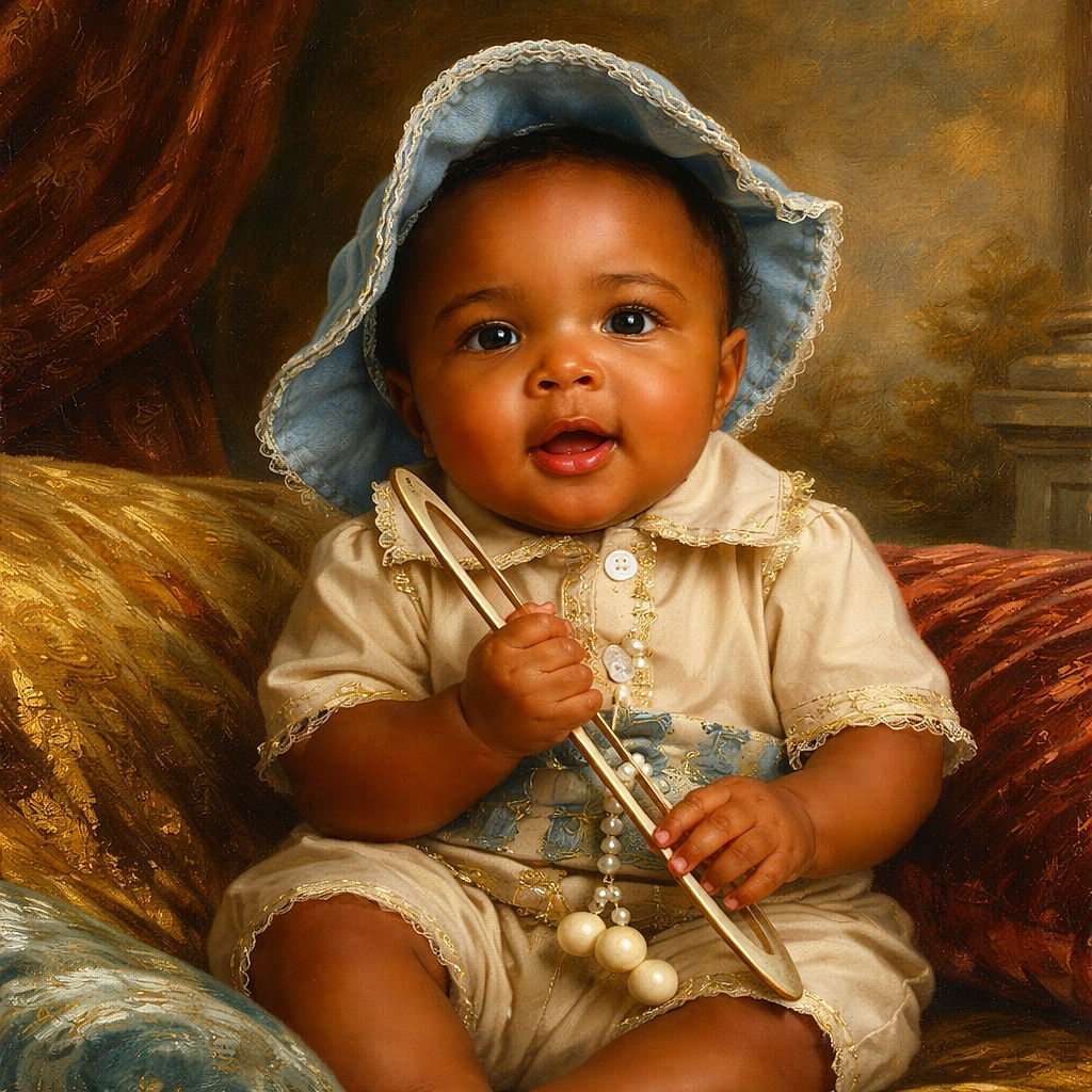 A cute baby wearing a blue sunhat and beige outfit sits on a white blanket outdoors, clutching a wooden toy, with a wooden fence and green grass in the background. The baby looks curious and happy, basking in gentle sunlight.
