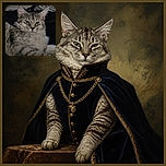 A fluffy gray cat sits on a dark bed with the stern, world-weary expression of a tiny landlord inspecting a questionable renovation. Its majestic ears and intense eyes steal the spotlight while drawers and folded blankets form the bedroom backdrop.