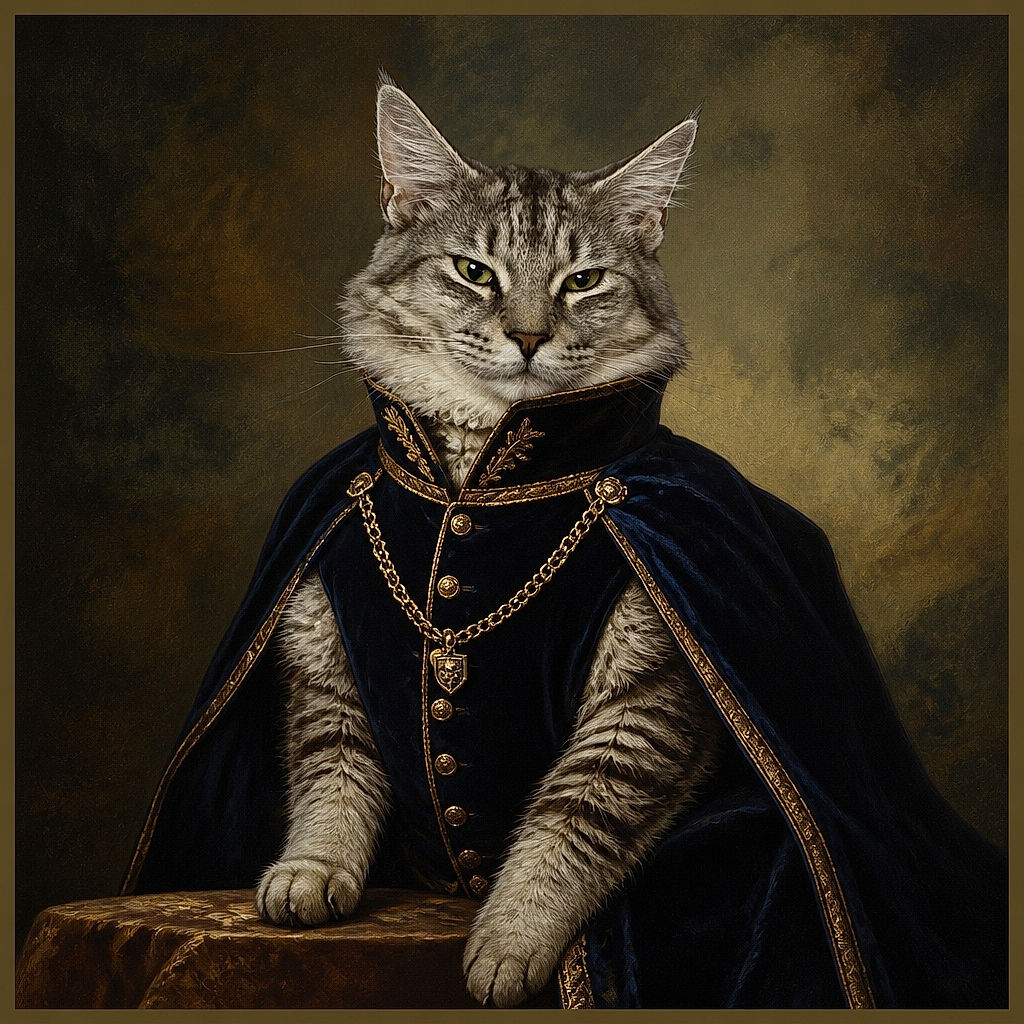 A fluffy gray cat sits on a dark bed with the stern, world-weary expression of a tiny landlord inspecting a questionable renovation. Its majestic ears and intense eyes steal the spotlight while drawers and folded blankets form the bedroom backdrop.