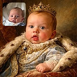 A wide-eyed baby with chubby cheeks and a bib is being held by an adult partially visible in the background. The baby looks curious with a hint of surprise, holding a colorful pacifier, wrapped in a soft blanket, and dressed in a plaid shirt.