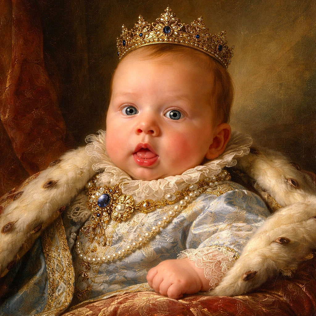 A wide-eyed baby with chubby cheeks and a bib is being held by an adult partially visible in the background. The baby looks curious with a hint of surprise, holding a colorful pacifier, wrapped in a soft blanket, and dressed in a plaid shirt.