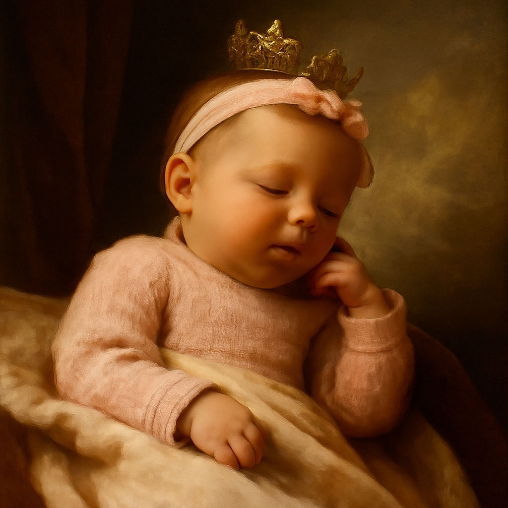 A peacefully sleeping baby wrapped in a soft pink blanket with a cute pink headband adorned with a bow, resting on a colorful patterned sheet. The baby looks cozy and content, with a tiny hand curled near the face.