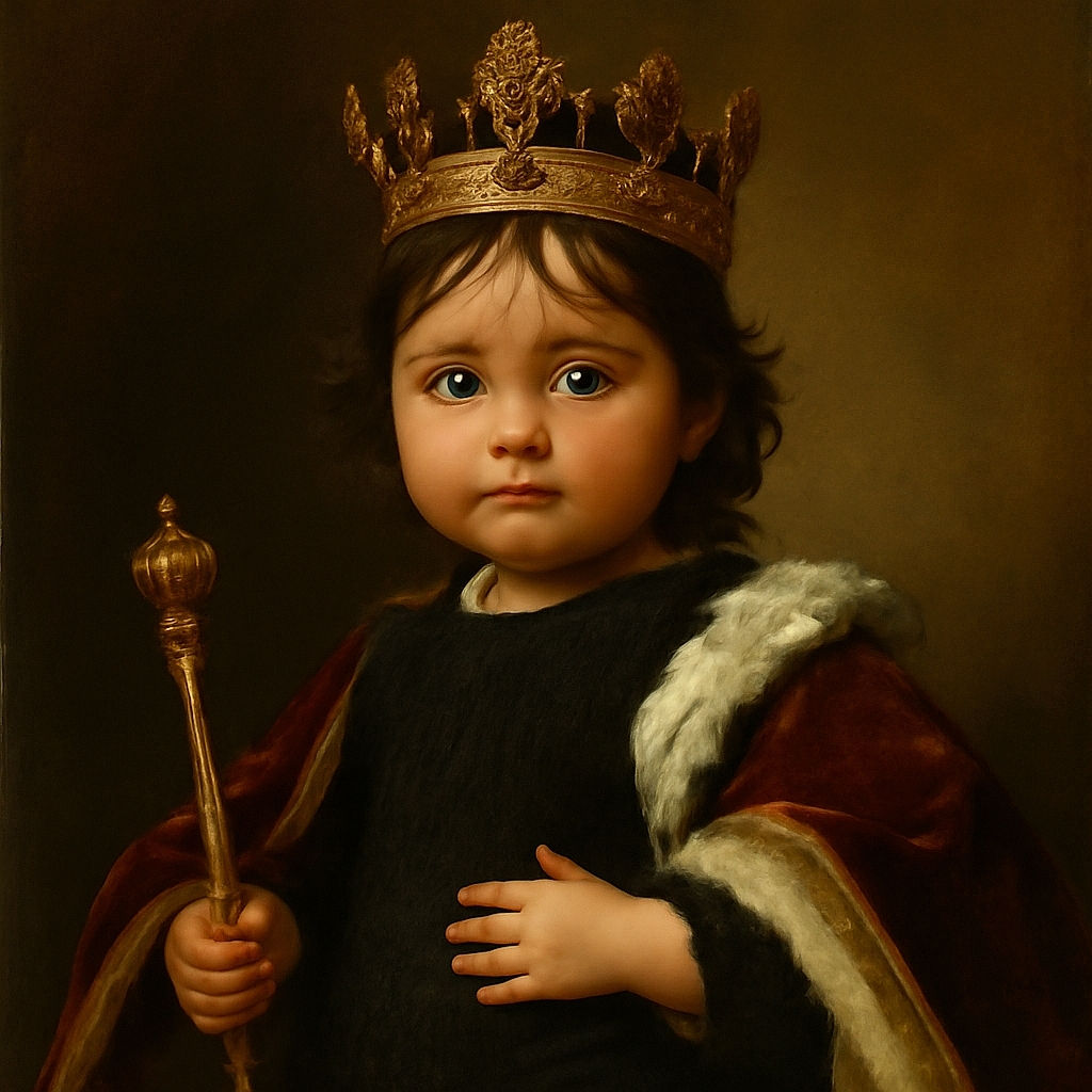 A charming toddler with big curious eyes and tousled hair sits confidently in a white high chair, arms outstretched as if embracing the world, dressed in a cozy black sweater with a soft outdoor background.