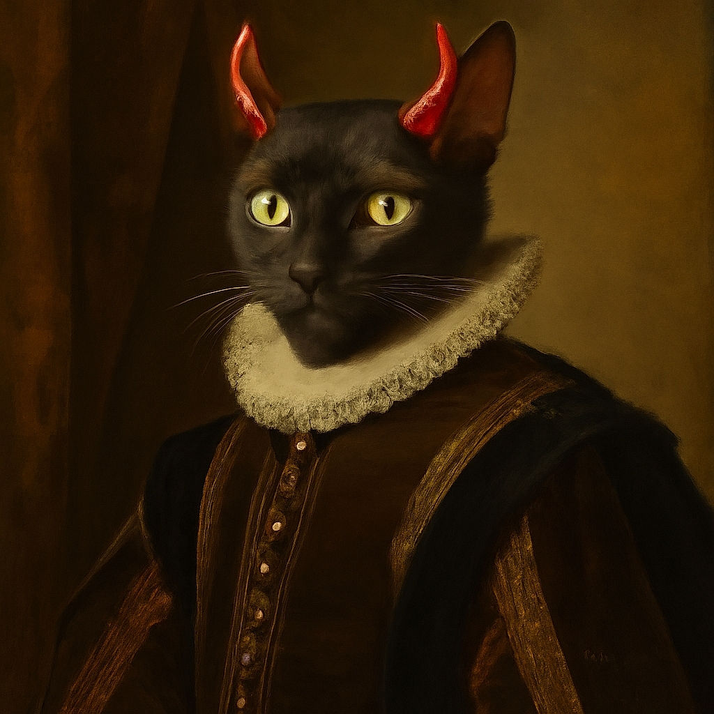 A sleek black cat lounges on a gray couch with a playful filter adding glowing red devil horns, giving it a mischievous yet adorable look. The background shows a red chair and some household items, with a cozy and casual home vibe.