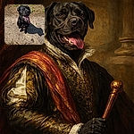 A gleeful black dog sits on gravel with its tongue flopping out like a purple towel, bits of dirt on its chin and a proud stick nearby — posing like it just won Best Fetch.