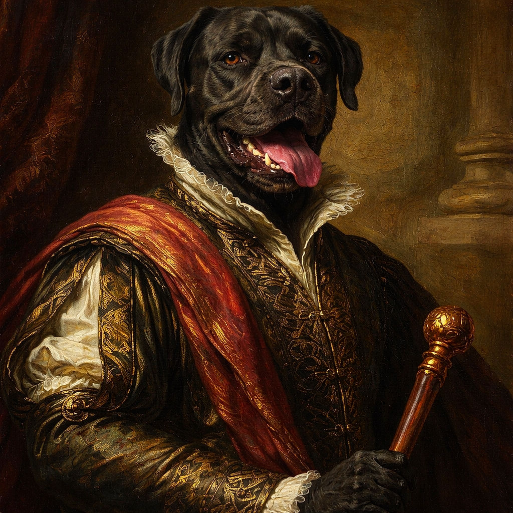 A gleeful black dog sits on gravel with its tongue flopping out like a purple towel, bits of dirt on its chin and a proud stick nearby — posing like it just won Best Fetch.