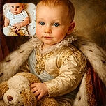 A wide-eyed baby with vibrant blue eyes clutches a fluffy teddy bear while lying on a soft textured blanket, surrounded by cozy star-shaped pillows, looking curiously at the camera.