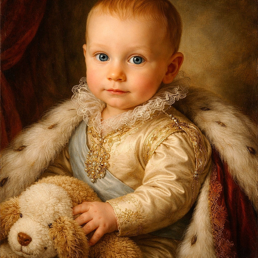 A wide-eyed baby with vibrant blue eyes clutches a fluffy teddy bear while lying on a soft textured blanket, surrounded by cozy star-shaped pillows, looking curiously at the camera.