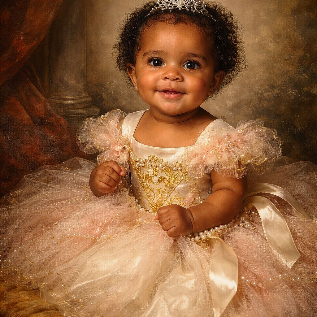 A joyful baby wearing a tiny crown and a '1/2 birthday' shirt sits surrounded by gold and white balloons, happily smashing a pink frosted cupcake while pink petals scatter around on a white sheet.