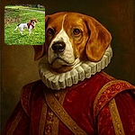 A charming dog with a red harness stands alert on a lush green grassy field near a small pond, with a peaceful wooded background and a pathway behind. The dog seems to be posing like a nature model on a sunny day.