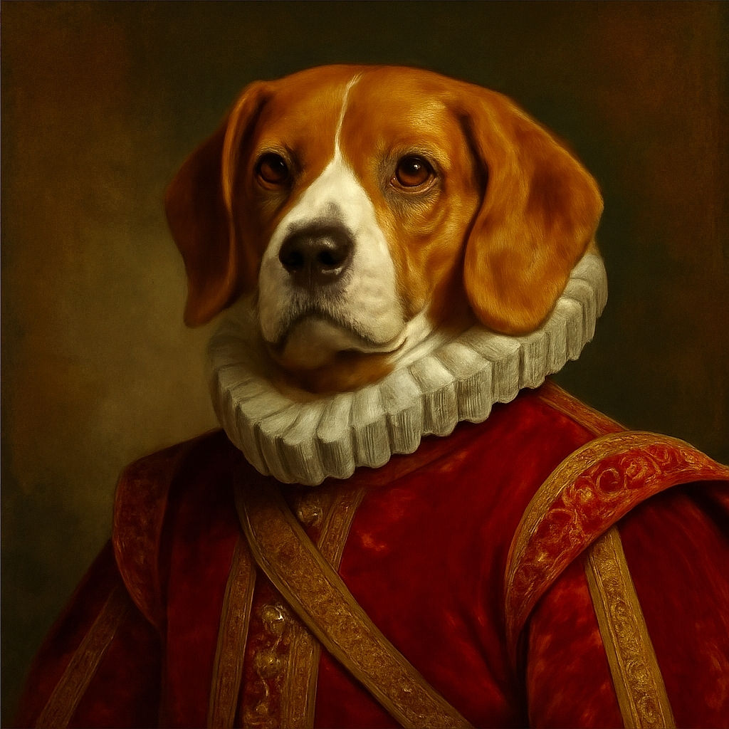 A charming dog with a red harness stands alert on a lush green grassy field near a small pond, with a peaceful wooded background and a pathway behind. The dog seems to be posing like a nature model on a sunny day.