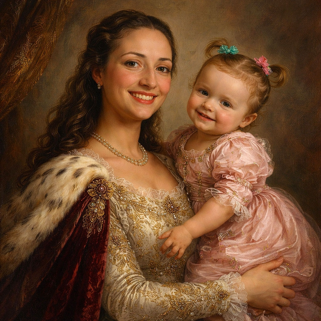 A beaming adult holds an ecstatic little human in a puff-sleeved minnie-mouse shirt — matching bows, pigtails, and smiles so bright they could power a small city. The background is pleasantly soft and slightly artsy, like the photo decided to focus on joy and blur the rest.