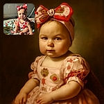 A serious-faced baby with a huge strawberry-themed bow headband sits on a colorful cartoon blanket, squinting in bright sunlight that highlights every adorable crease and wrinkle.