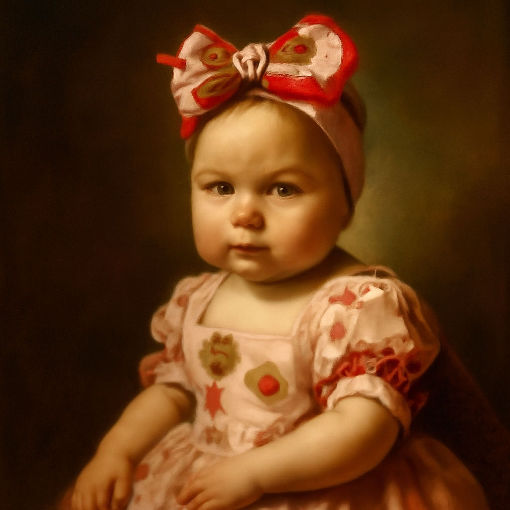 A serious-faced baby with a huge strawberry-themed bow headband sits on a colorful cartoon blanket, squinting in bright sunlight that highlights every adorable crease and wrinkle.