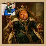A tiny baby in a green tracksuit lounges like a pint-sized celebrity on a blue bed, complete with white mittens, a gold chain, and a serious expression that says the board meeting is already in session.