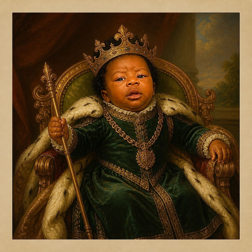A tiny baby in a green tracksuit lounges like a pint-sized celebrity on a blue bed, complete with white mittens, a gold chain, and a serious expression that says the board meeting is already in session.