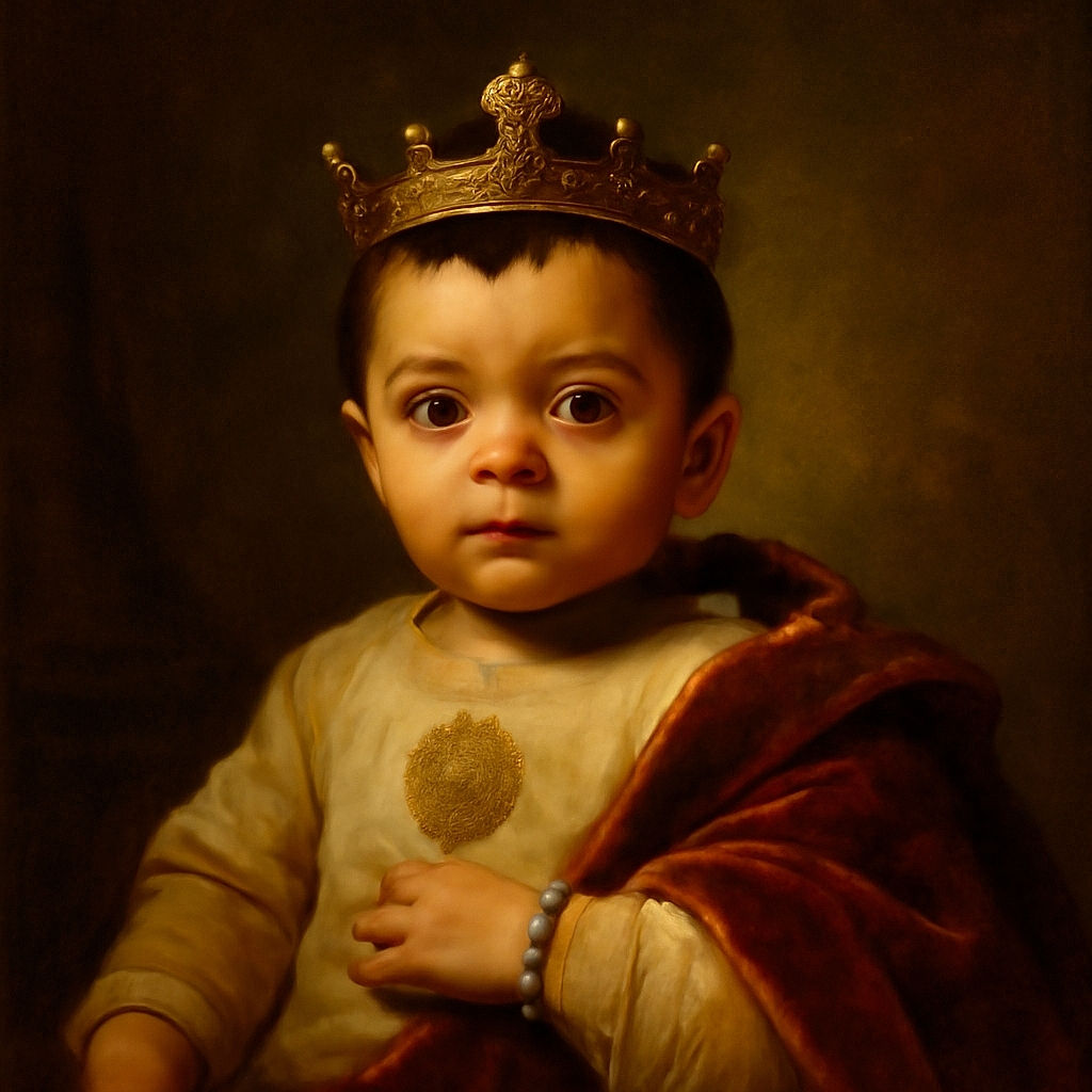 A wide-eyed baby clutching a milk bottle with tiny bracelets on both wrists, lying on a patterned pillow and wrapped in cozy blankets, looking curiously at the camera with a soft light highlighting the adorable face.