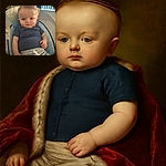 A baby with a slightly serious expression is comfortably seated in a cushioned baby chair, wearing a dark blue shirt and light-colored pants with a drawstring, with soft natural light filtering through window blinds in the background.