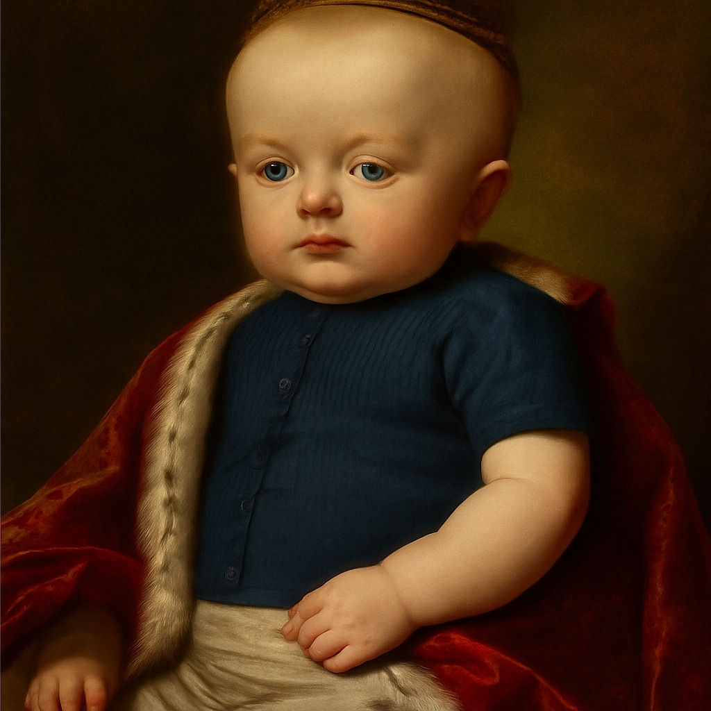 A baby with a slightly serious expression is comfortably seated in a cushioned baby chair, wearing a dark blue shirt and light-colored pants with a drawstring, with soft natural light filtering through window blinds in the background.