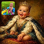 A joyful baby with rosy cheeks is sitting happily in a colorful inflatable pool on a sunny grassy lawn, surrounded by vibrant toys and soaking up the summer fun.