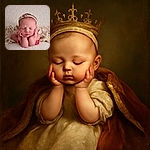 A peacefully sleeping newborn baby is posed adorably with their head resting on their hands, wearing a delicate floral headband and surrounded by soft, textured blankets creating a cozy and heartwarming scene.