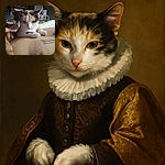 A curious calico kitten perched comfortably on a tattooed person's bare chest, soaking in the warm light of a cozy, cluttered room filled with shelves and random objects in the background.