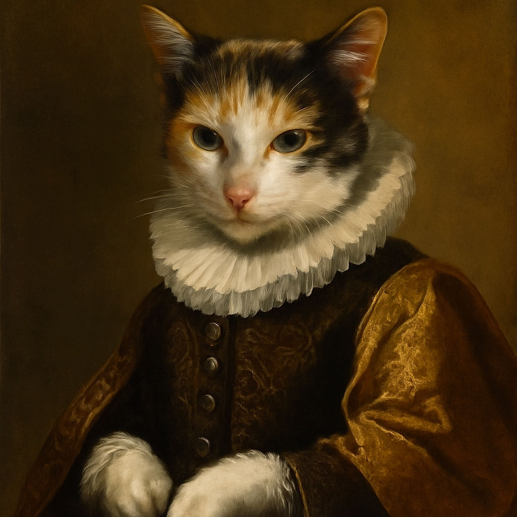 A curious calico kitten perched comfortably on a tattooed person's bare chest, soaking in the warm light of a cozy, cluttered room filled with shelves and random objects in the background.