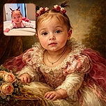 A cute baby with tiny pigtails decorated with red and pink bows crawls on a bed, looking curiously at the camera. The background shows a slightly open door and a cozy room with warm lighting.