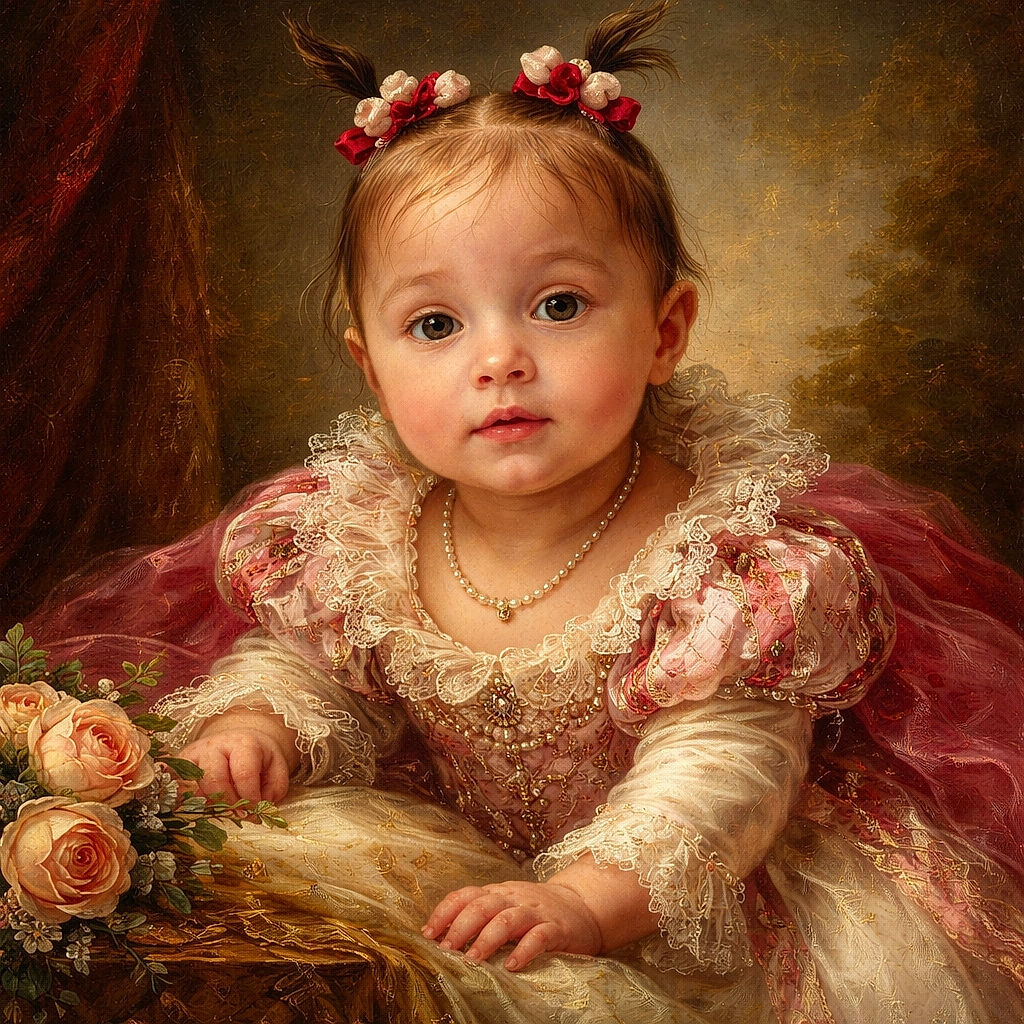 A cute baby with tiny pigtails decorated with red and pink bows crawls on a bed, looking curiously at the camera. The background shows a slightly open door and a cozy room with warm lighting.