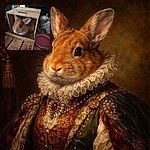 A curious brown rabbit peeks out from a cozy wooden box inside a cage, surrounded by hay and a pink water bowl, while a blurry gray cat appears to be mid-shake nearby, creating a cute and lively pet scene.