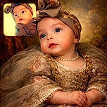 A wide-eyed baby wearing a cute headband with a big bow gazes curiously off-camera, wrapped in a cozy outfit with soft, warm lighting that adds a dreamy glow to the scene.