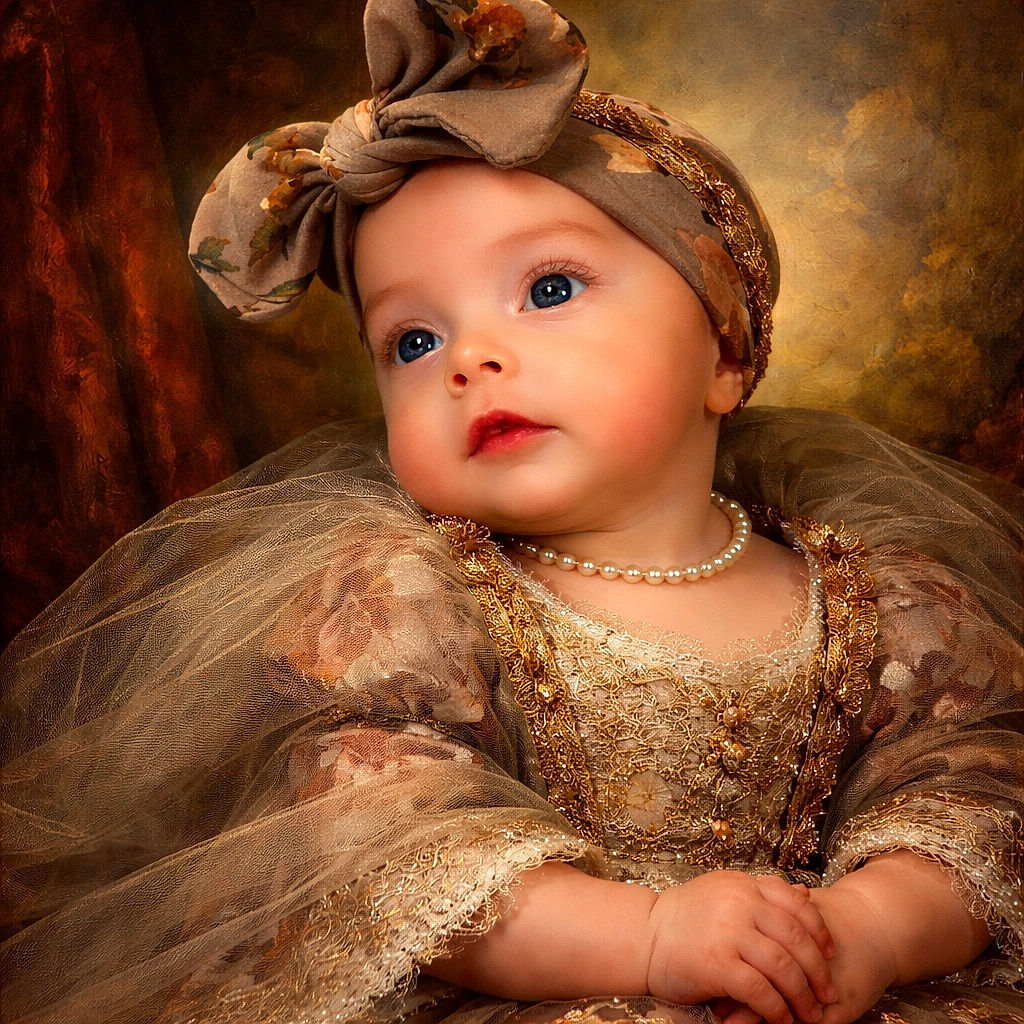 A wide-eyed baby wearing a cute headband with a big bow gazes curiously off-camera, wrapped in a cozy outfit with soft, warm lighting that adds a dreamy glow to the scene.