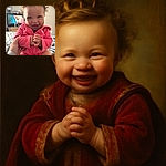 A joyful baby with curly hair and bright eyes is giggling heartily while wearing a cozy pink jacket, held gently by a hand in a casual home setting with a colorful cartoon playing on the TV in the background.