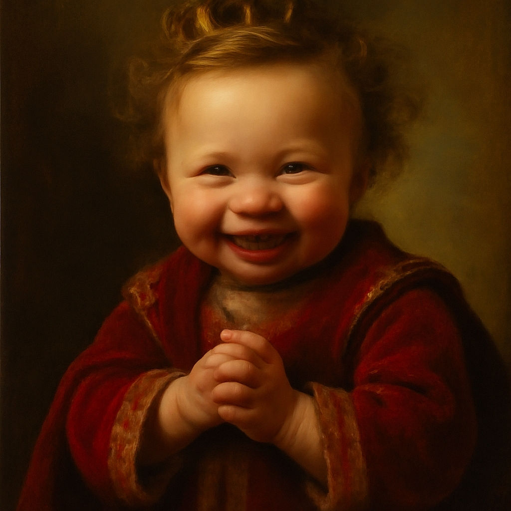 A joyful baby with curly hair and bright eyes is giggling heartily while wearing a cozy pink jacket, held gently by a hand in a casual home setting with a colorful cartoon playing on the TV in the background.