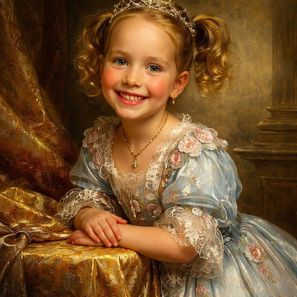 A cheerful young girl with pigtails beams widely at the camera, sitting on the edge of a neatly made bed with a green blanket in a cozy room with wood-paneled walls and a softly glowing lamp in the background.