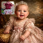 A joyful baby wearing a floral skirt and a red shirt that says 'I got it from my mama' is lying on a colorful play mat, smiling brightly with arms raised and a cute headband with a bow on top.