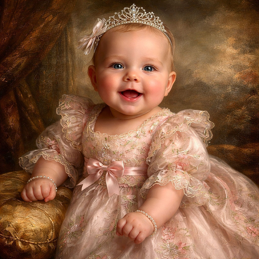 A joyful baby wearing a floral skirt and a red shirt that says 'I got it from my mama' is lying on a colorful play mat, smiling brightly with arms raised and a cute headband with a bow on top.