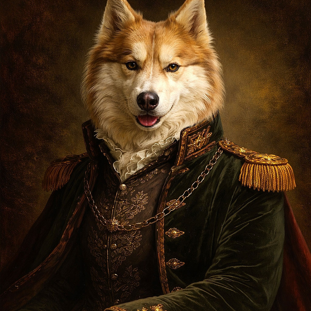 A majestic dog with heterochromia (two different colored eyes) lounges on a reddish dirt path, sporting a bright pink bandana that pops against its fluffy light brown and white fur. The background is softly blurred, highlighting the dog's regal pose and friendly expression with its tongue slightly out.