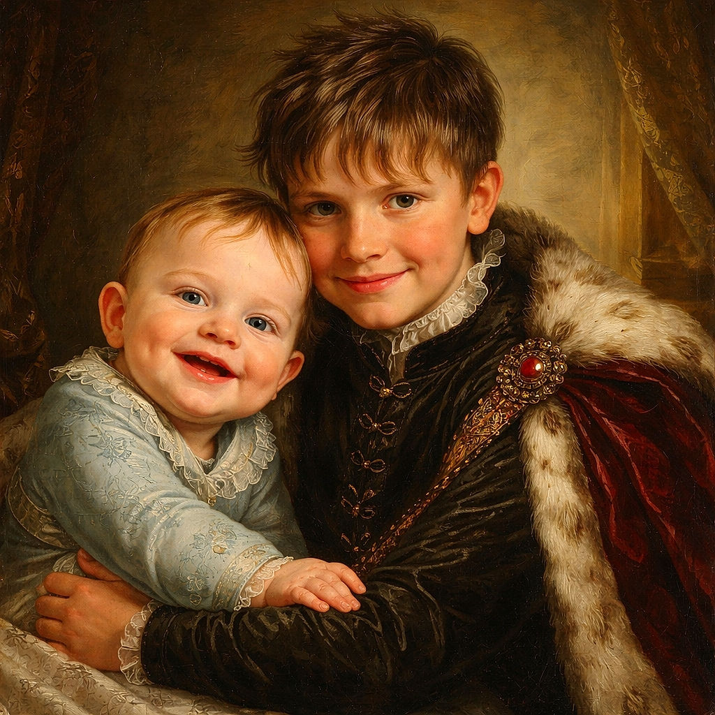 Two happy kids, one baby and one older child, lying on a bed with bright smiles and a cozy home background featuring a TV and framed photos. The baby looks curious and cheerful while the older child beams with a gentle smile, creating a warm and affectionate moment.